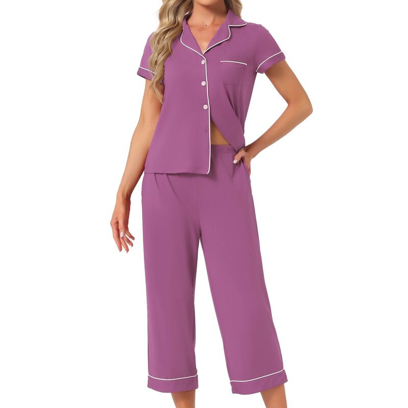 インスパイア シック レディース アンダーウェア ナイトウェア ボタンダウン パンツ ダウン キャップ INSPIRE CHIC Women's Capri Pajama Short Sleeve Button Down Tops with Pants 2 Pc Sleepwear Lounge Set with Pockets Gray Purple グレー｜ReVida 店 8,386円