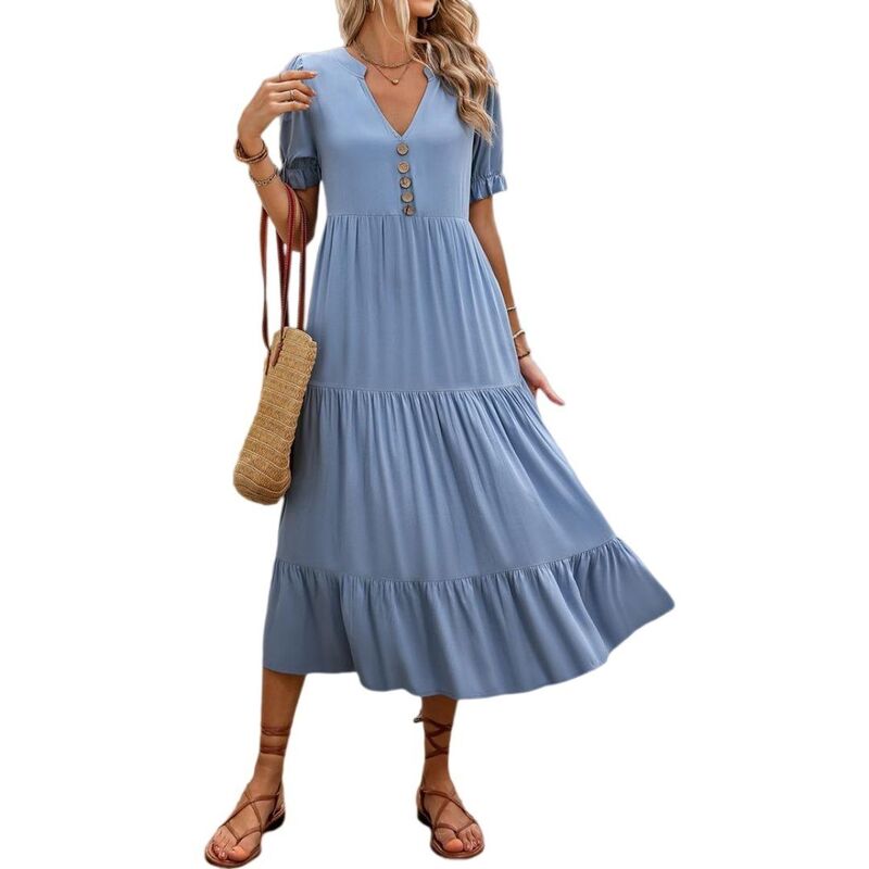 イエスファッション レディース トップス ワンピース Vネック ティアード ミディ シャーリング Yesfashion Womenshort Sleeve Casual V Neck Smocked Loose Tiered Flowy Midi Dress Blue ブルー｜ReVida 店