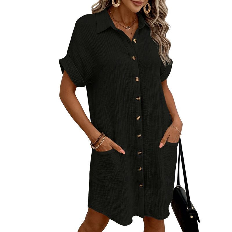 クリアフラワー レディース トップス ワンピース ボタンダウン シャツ ダウン ClearFlower Women'short Sleeve Button Down Shirt Dress with Pockets - Collared Crinkled Casual Summer Dress Black ブラック｜ReVida 店