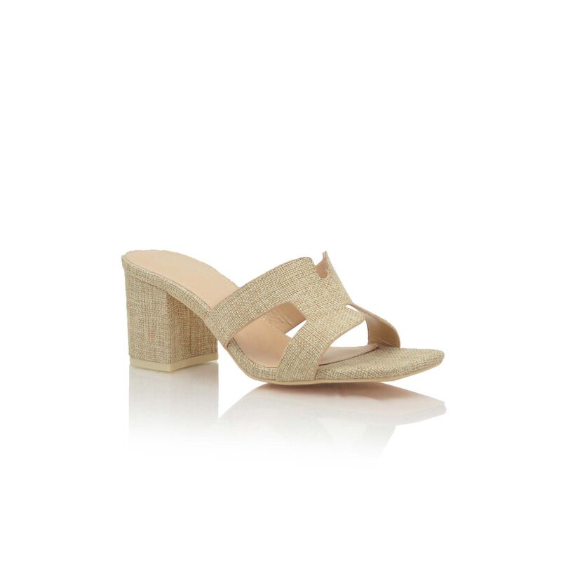 F.C 青写真 レディース シューズ サンダル カットアウト 踵 F.C Design Cutout H-Strap Slide Block Heel Sandal Mules Raffia