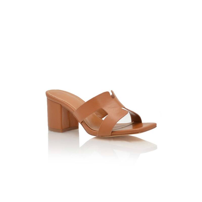 F.C 青写真 レディース シューズ サンダル カットアウト 踵 F.C Design Cutout H-Strap Slide Block Heel Sandal Mules Tan タン