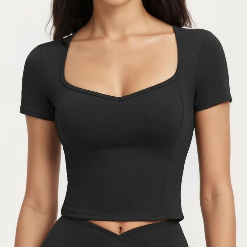 アンナカシ レディース トップス プルオーバー 肋材 Anna-Kaci Women\u0027s Ribbed Square Neck Fitted Crop Workoutop Stretch Athletic Training Shirt for Yoga Fitness Black 黒いこと