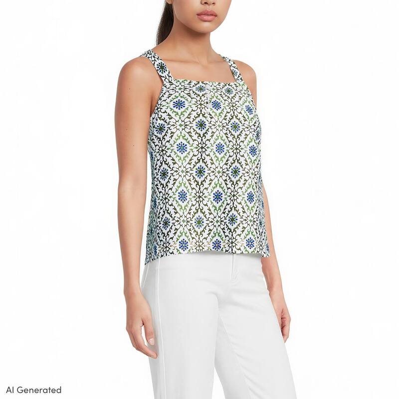 ランズ挙げ句の果て レディース トップス プルオーバー ノースリーブ Women\u0027s Lands\u0027 End Poplin Square Neck Sleevelesshell Top White Green Floral 白いこと
