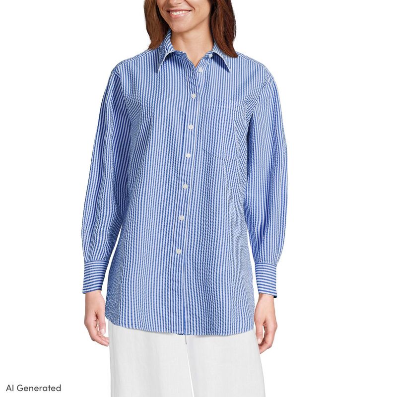 ランズ挙げ句の果て レディース トップス プルオーバー Women\u0027s Lands\u0027 End Oversized Seersucker Shirt Blue White Stripe 白いこと