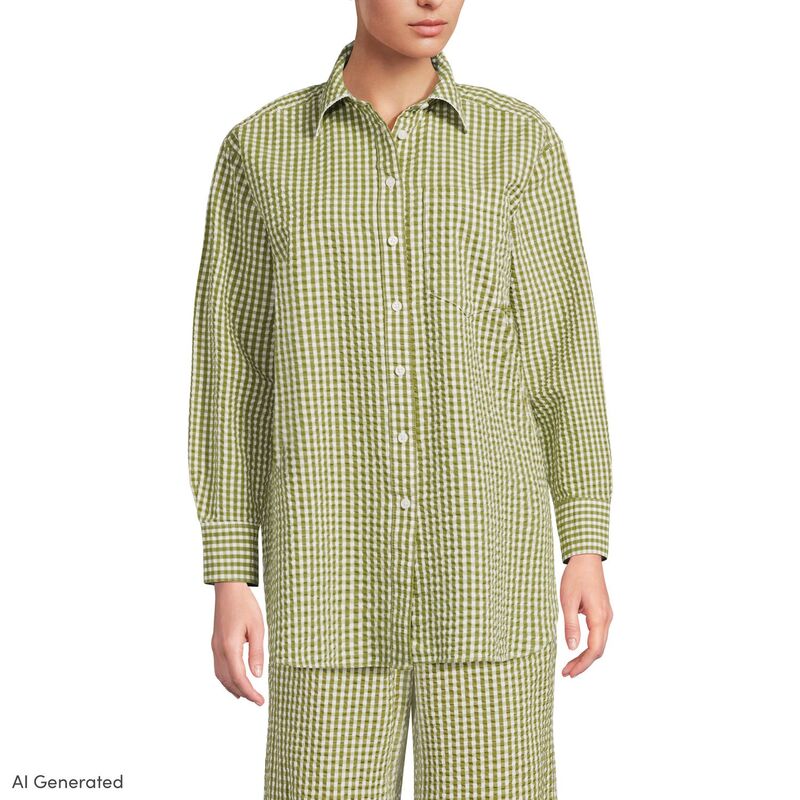 ランズ挙げ句の果て レディース トップス プルオーバー Women\u0027s Lands\u0027 End Oversized Seersucker Shirt Lime Green Gingham 菩提樹