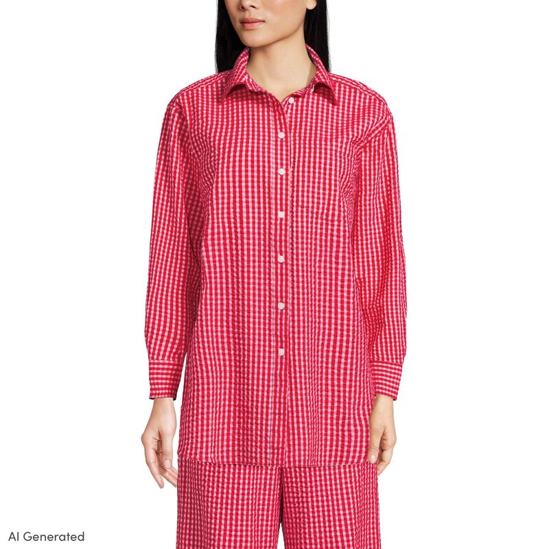ランズ挙げ句の果て レディース トップス プルオーバー Women\u0027s Lands\u0027 End Oversized Seersucker Shirt Red Pink Gingham 赤いこと