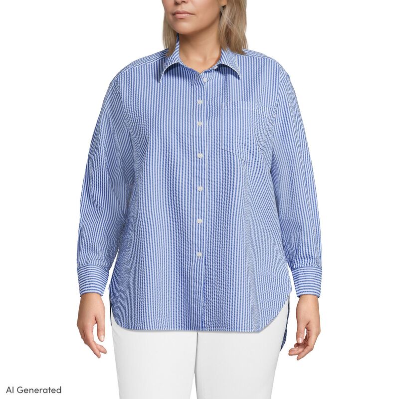 ランズ挙げ句の果て レディース トップス プルオーバー 足し加える大きさ Plusize Lands\u0027 End Oversized Seersucker Shirt Blue White Stripe 白いこと