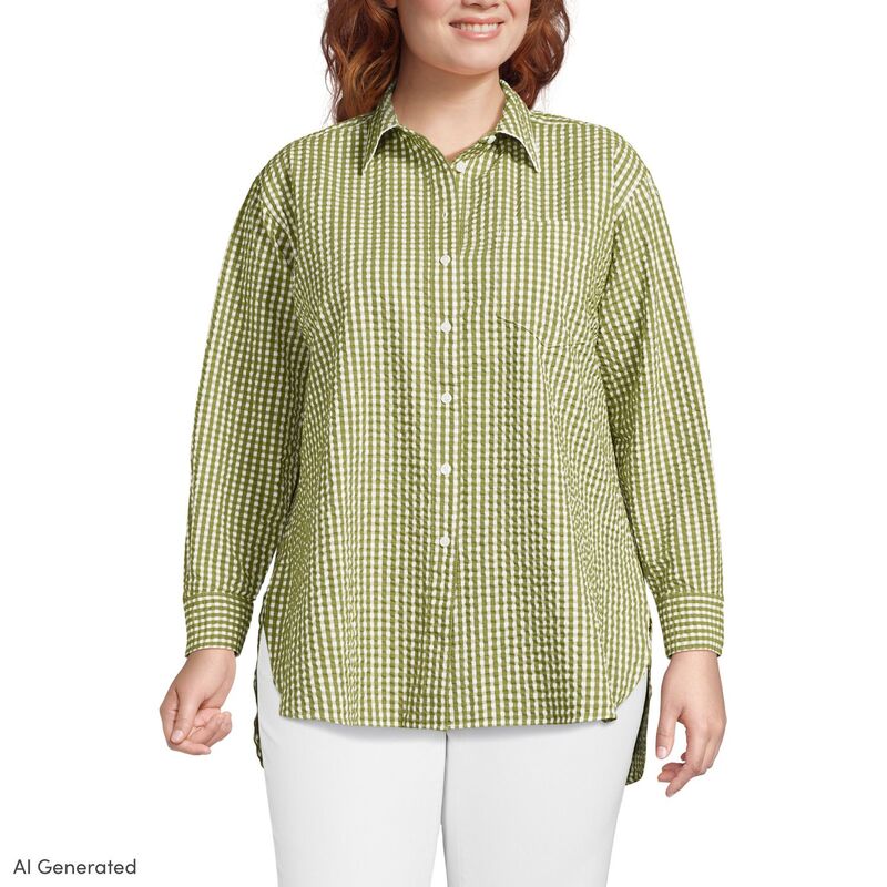 ランズ挙げ句の果て レディース トップス プルオーバー 足し加える大きさ Plusize Lands\u0027 End Oversized Seersucker Shirt Lime Green Gingham 菩提樹
