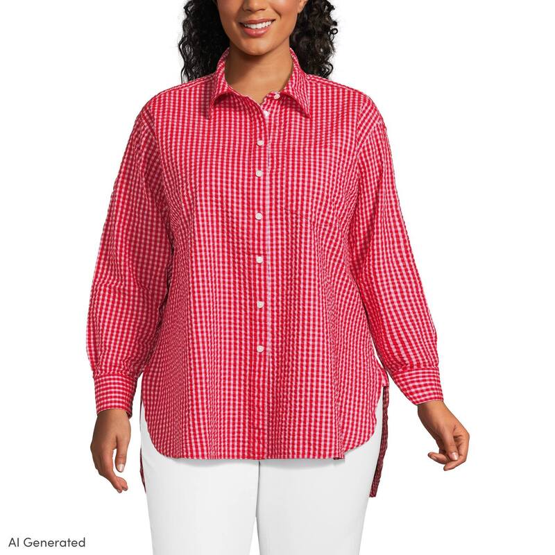 ランズ挙げ句の果て レディース トップス プルオーバー 足し加える大きさ Plusize Lands\u0027 End Oversized Seersucker Shirt Red Pink Gingham 赤いこと
