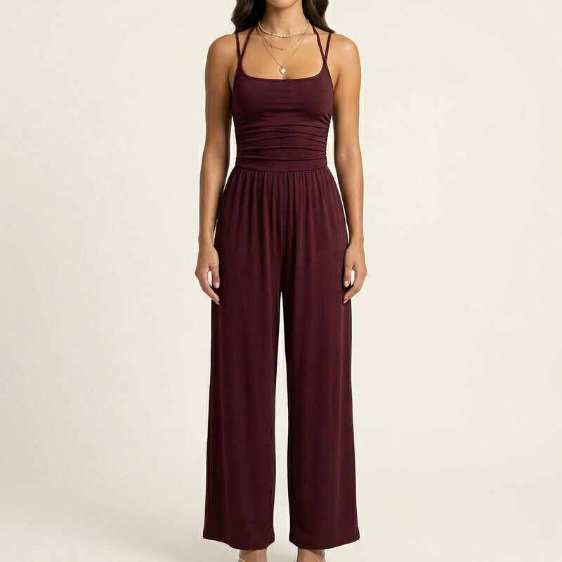 アンナカシ レディース トップス ワンピース ワイドレッグ ギャザー ノースリーブ ジャンプスーツ Anna-Kaci Women'sleeveless Wide Leg Jumpsuit with Scoop Neck Ruched Bodice Soft Stretch Fabric Burgundy バーガンディ｜ReVida 店