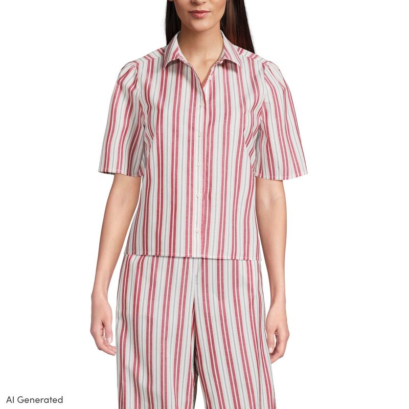 ランズ挙げ句の果て レディース トップス プルオーバー Women\u0027s Lands\u0027 End Short Sleeve Poplin Button Front Shirt Cherry Jam Stripe 縞模様