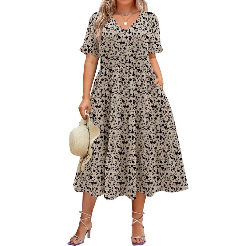 ジーグー レディース トップス 衣装 Vのど首 ティアード A 生産ライン MIDI Zeagoo Women\u0027short Sleeve Midi Casual Tiered V-Neck A-Line Flowy Loose Dresses with Pockets Beige Floral ベージュ
