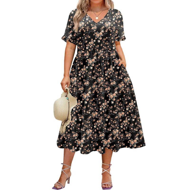 ジーグー レディース トップス 衣装 Vのど首 ティアード A 生産ライン MIDI Zeagoo Women\u0027short Sleeve Midi Casual Tiered V-Neck A-Line Flowy Loose Dresses with Pockets Black Floral 黒いこと