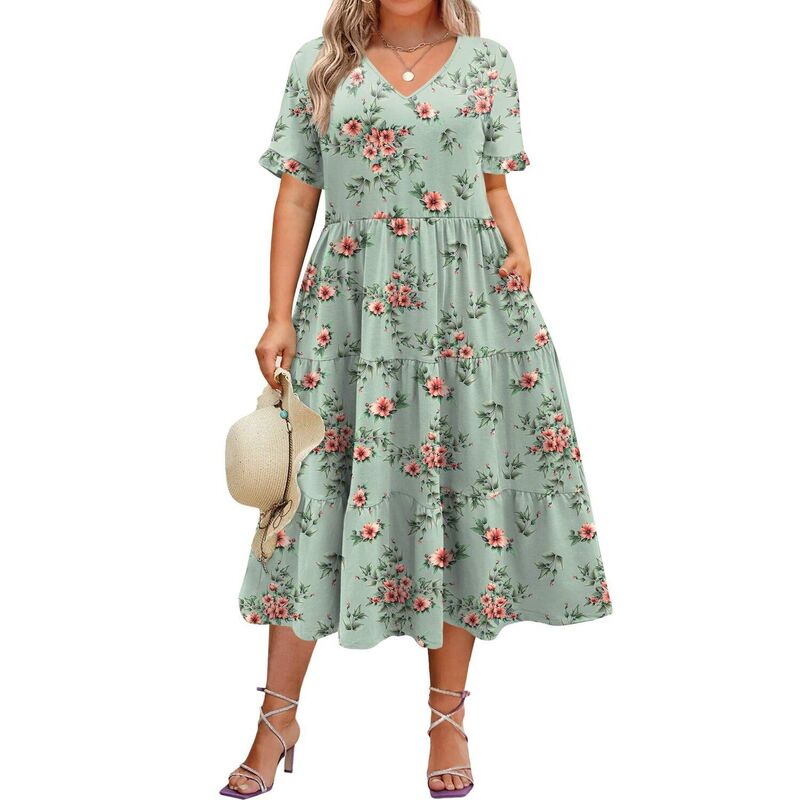 ジーグー レディース トップス 衣装 Vのど首 ティアード A 生産ライン MIDI Zeagoo Women\u0027short Sleeve Midi Casual Tiered V-Neck A-Line Flowy Loose Dresses with Pockets Green Pink Floral サクラ色
