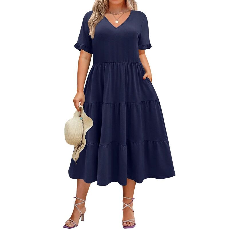 ジーグー レディース トップス 衣装 Vのど首 ティアード A 生産ライン MIDI Zeagoo Women\u0027short Sleeve Midi Casual Tiered V-Neck A-Line Flowy Loose Dresses with Pockets Navy Blue 米国海軍