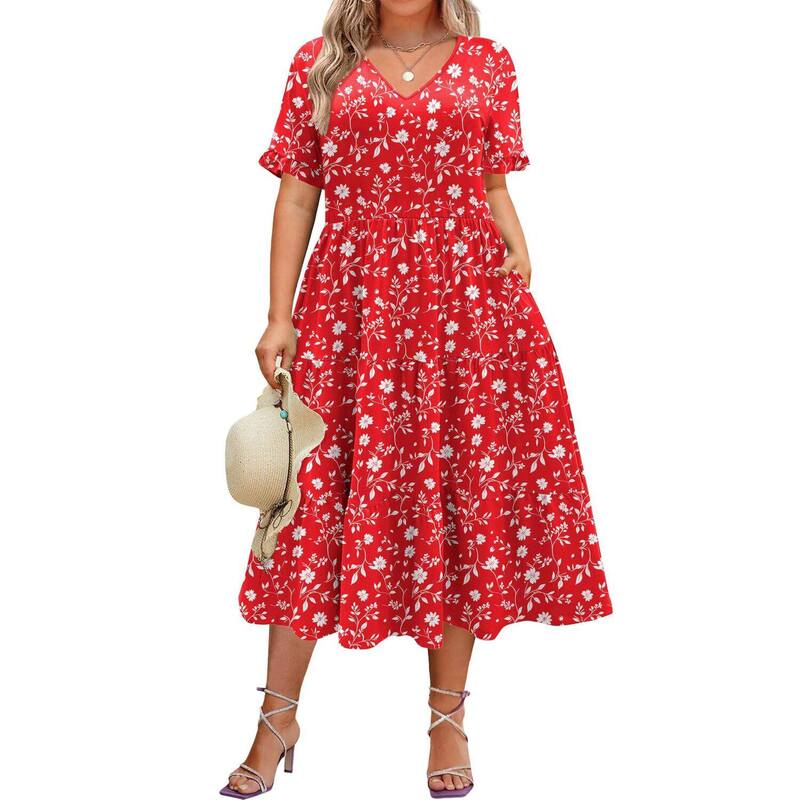 ジーグー レディース トップス 衣装 Vのど首 ティアード A 生産ライン MIDI Zeagoo Women\u0027short Sleeve Midi Casual Tiered V-Neck A-Line Flowy Loose Dresses with Pockets Red Floral 赤いこと