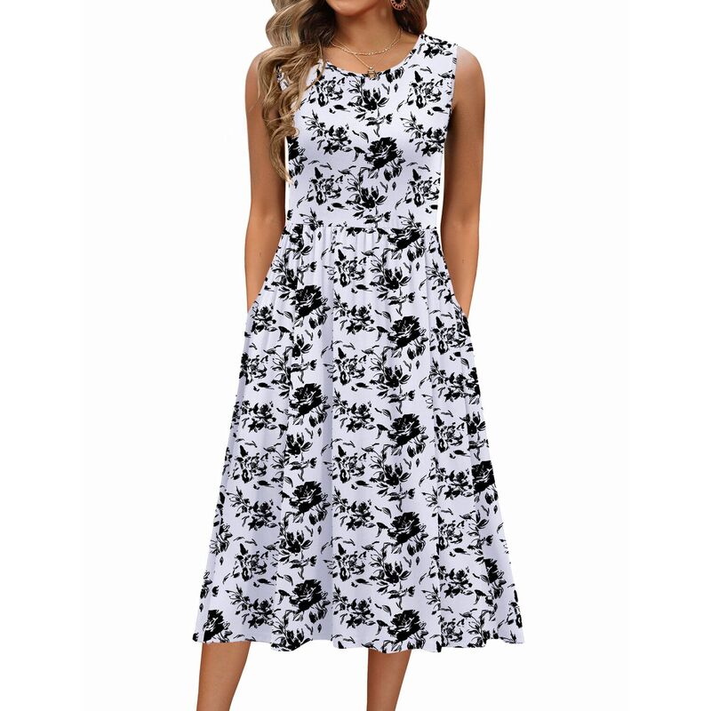 ジーグー レディース トップス 衣装 A 生産ライン MIDI プルオーバー ノースリーブ Zeagoo Women\u0027sleeveless Round Neck Midi Tshirt Dress Casualoose Fit A Line Shift Sundress Black White Floral 白いこと