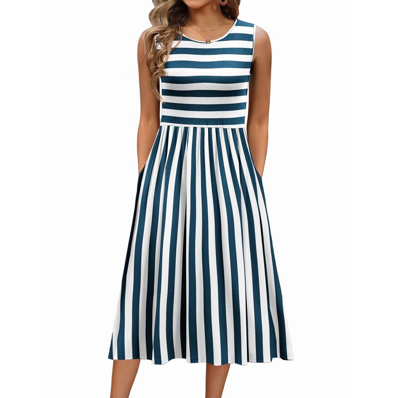ジーグー レディース トップス 衣装 A 生産ライン MIDI プルオーバー ノースリーブ Zeagoo Women\u0027sleeveless Round Neck Midi Tshirt Dress Casualoose Fit A Line Shift Sundress Blue White Stripe 白いこと