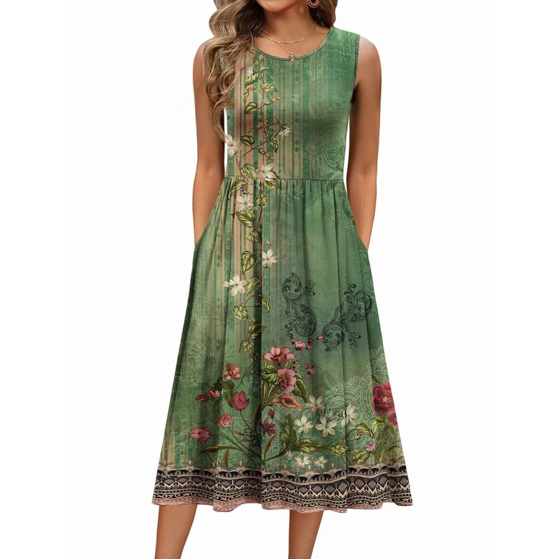 ジーグー レディース トップス 衣装 A 生産ライン MIDI プルオーバー ノースリーブ Zeagoo Women\u0027sleeveless Round Neck Midi Tshirt Dress Casualoose Fit A Line Shift Sundress Green Printed 緑であること