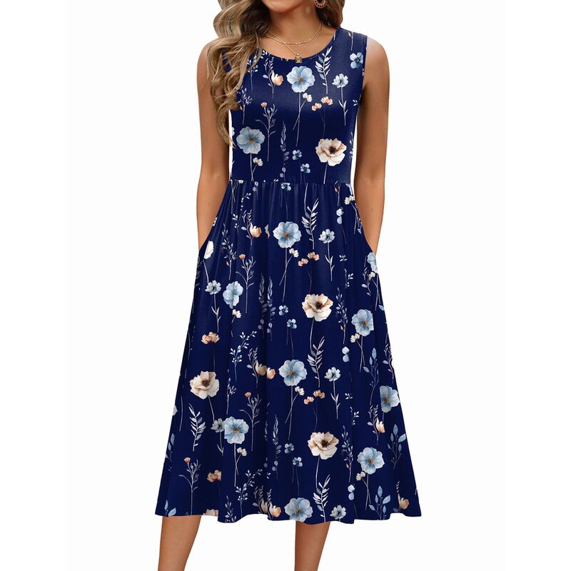 ジーグー レディース トップス 衣装 A 生産ライン MIDI プルオーバー ノースリーブ Zeagoo Women\u0027sleeveless Round Neck Midi Tshirt Dress Casualoose Fit A Line Shift Sundress Navy Floral 米国海軍