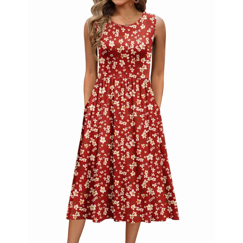 ジーグー レディース トップス 衣装 A 生産ライン MIDI プルオーバー ノースリーブ Zeagoo Women\u0027sleeveless Round Neck Midi Tshirt Dress Casualoose Fit A Line Shift Sundress Red Floral 赤いこと