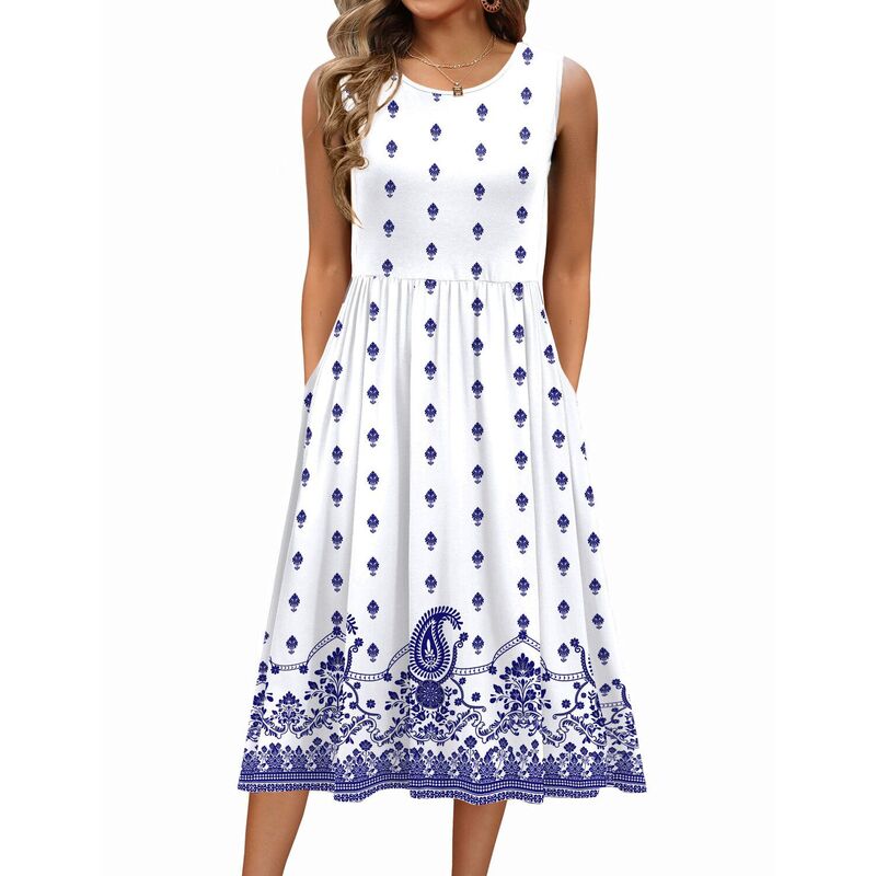 ジーグー レディース トップス 衣装 A 生産ライン MIDI プルオーバー ノースリーブ Zeagoo Women\u0027sleeveless Round Neck Midi Tshirt Dress Casualoose Fit A Line Shift Sundress White Boho Print 白いこと