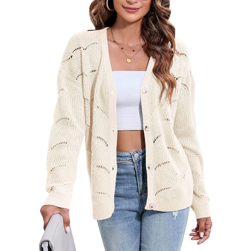コジョイン レディース アウター ニット・セーター カーディガン Kojooin Fall Women's Crochet Cardigan Lightweight Kimono Long Sleeve Hollow Out Kintted Outwear Sweater Pink Apricot ピンク｜ReVida 店