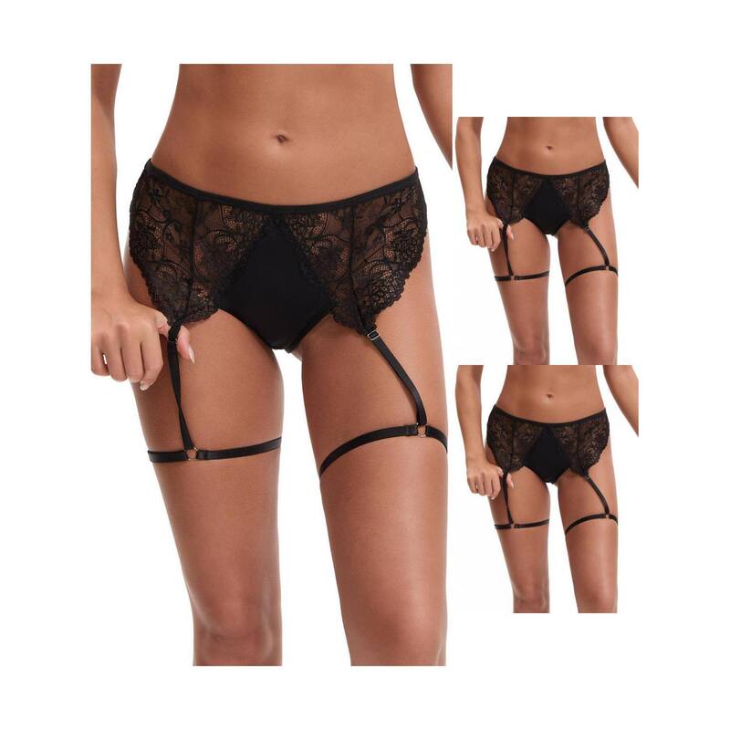 インスパイア 今めかしい レディース アンダーお召しもの ズボン下 スピード競技 INSPIRE CHIC 3 Packs Women\u0027s Perspective Lace Lingerie Hipsters Hollow Out Panties with Adjustable Garters Black 黒いこと