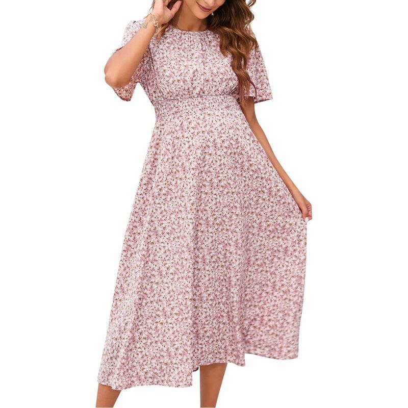 セオリア レディース トップス ワンピース フラワー柄 プリント フリル ミディ シャーリング マタニティ フラワー Seoria Bohemian Maternity Dress with Ruffles & Floral Print Short Sleeve Smocked Midi Dress Pink ピンク｜ReVida 店