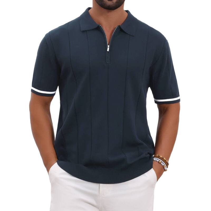 インスパイア 今めかしい レディース トップス プルオーバー スポーツシャツ 肋材 INSPIRE CHIC Men\u0027s Textured Polo Shirt Zip Up Ribbed Hem Short Sleeve Golf Polo Shirts Navy Blue 米国海軍