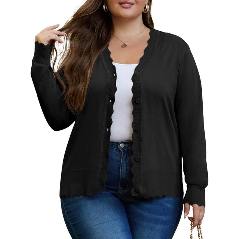 イエスファッション レディース アウター ニット・セーター Vネック プラスサイズ カーディガン ダウン クロップド Yesfashion Women's Plusize Cardigan Cropped Long Sleeve V-Neck Buttons Down Wavedges Casual Knit Shrugs Black ブラック|ReVida 店