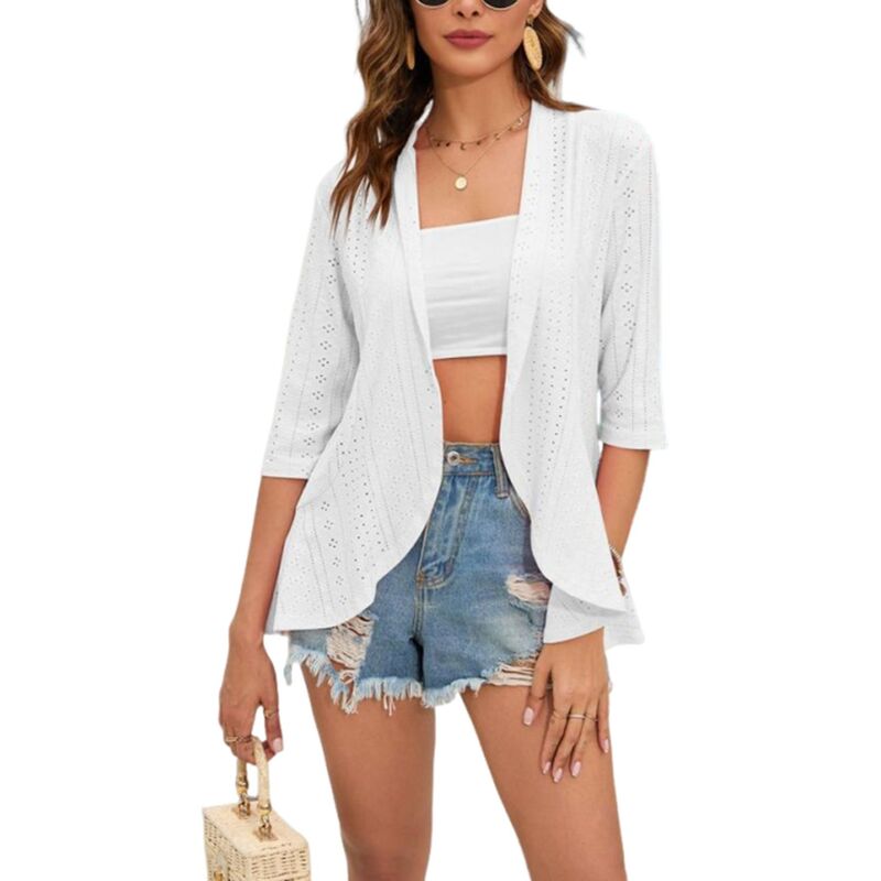 セオリア レディース アウター ニット・セーター カーディガン Seoria Women'spring Cardigan 3/4 Sleeve Open Front Jacquard Weave with Flounce Hem White ホワイト|ReVida 店