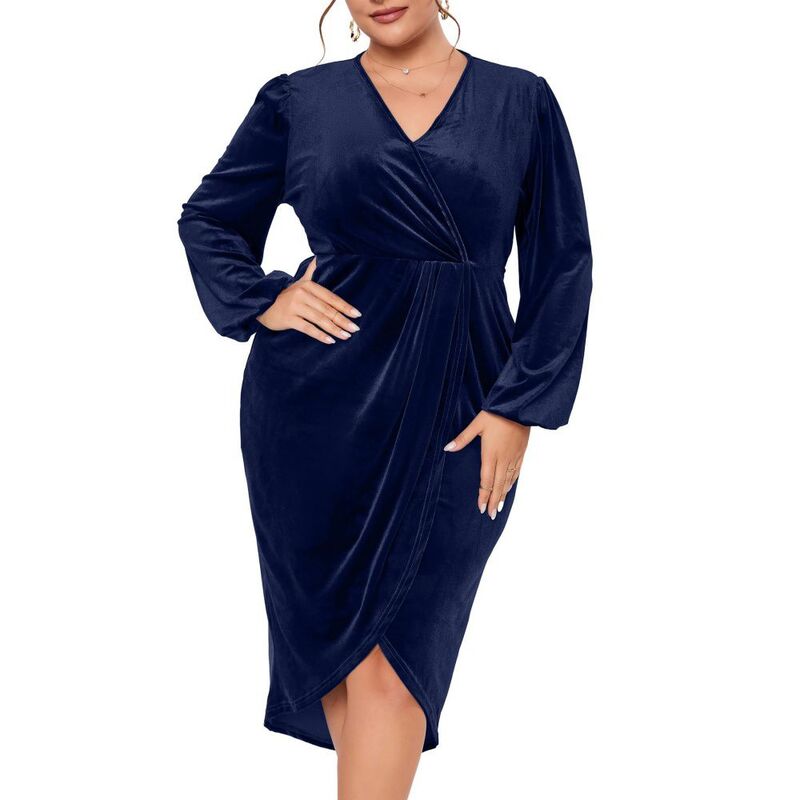 イエスファッション レディース トップス ワンピース Vネック プラスサイズ ギャザー ベルベット Yesfashion Womens Plusize Long Sleevelvet Bodycon Dresses Ruched Wrap Deep V Neck Party Cocktail Dress Navy Blue ネイビー|ReVida 店