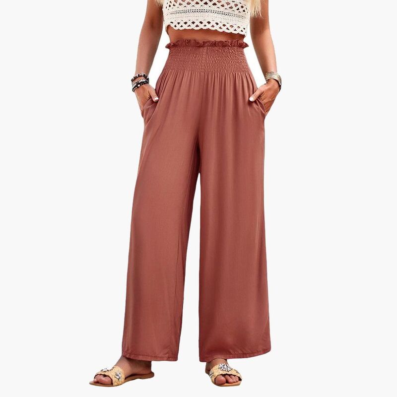 ジョイジョイ レディース ボトムス 心地よいズボン下 ミニ シャーリング JoyJoy Women\u0027s Casual Fashion Smocked Wide-Leg Pants Minimalist Loose Straight-Leg Versatile Daily Trousers Brown 赤銅色