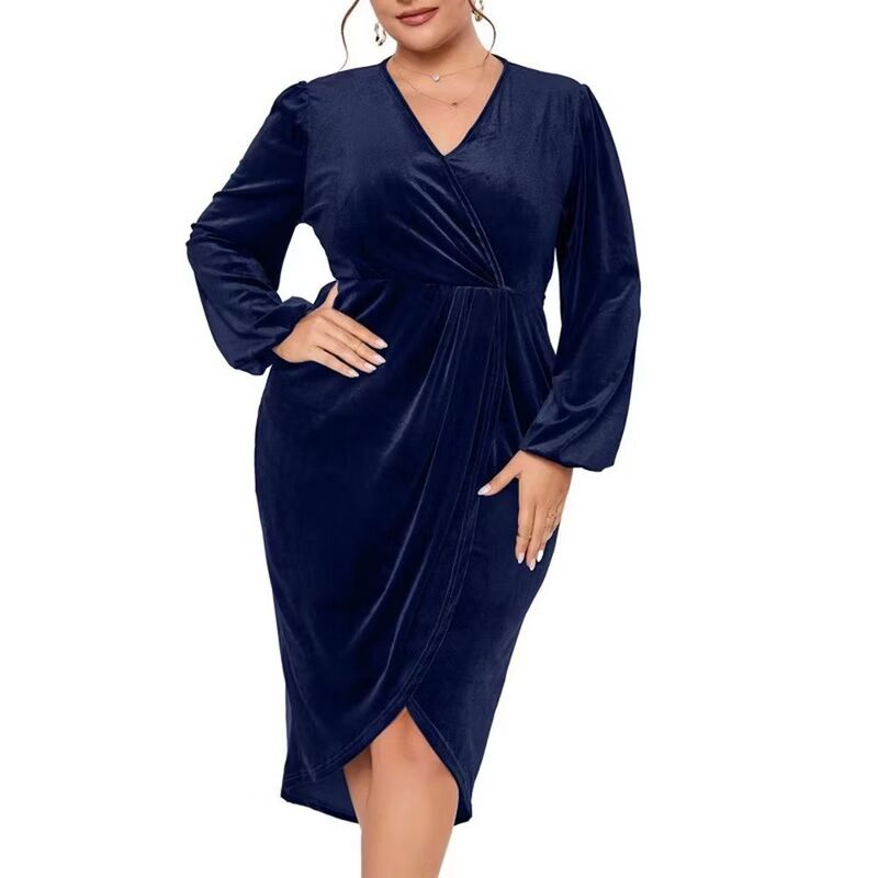 エリートチョイス レディース トップス ワンピース Vネック プラスサイズ ギャザー ベルベット Elitechoice Women's Plusize Velvet Wrap Dress Long Sleeve V Neck Bodycon Ruched Cocktail Dress Navy Blue ネイビー|ReVida 店