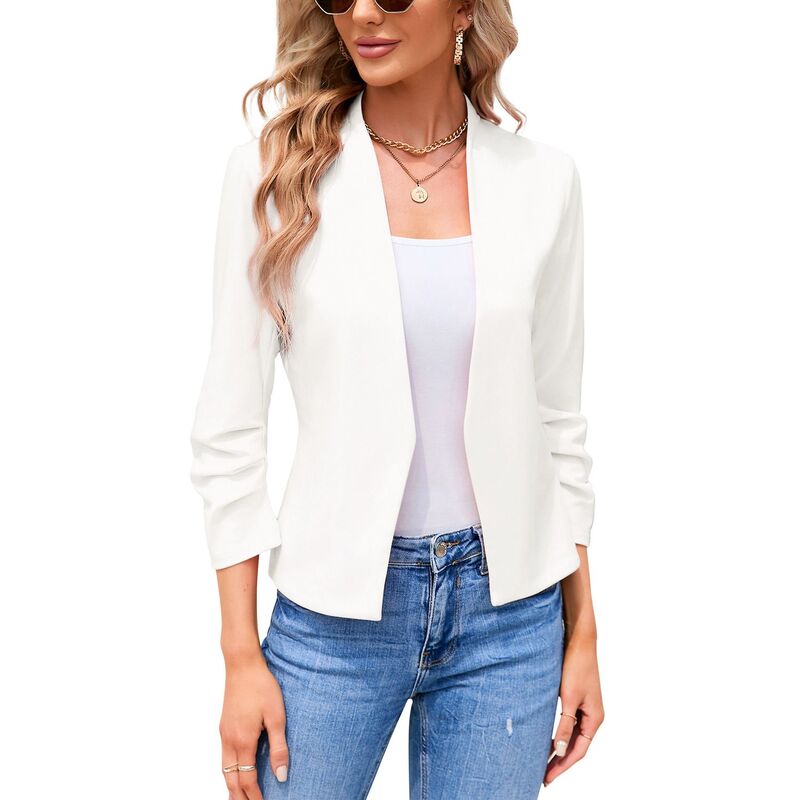 セオリア レディース アウター 上衣・上衣 ギャザー スポーツジャケット Seoria Women\u0027s Collarless Blazeruched 3/4 Sleeve Open Front Business Work Office Jacket Blazers White 白いこと