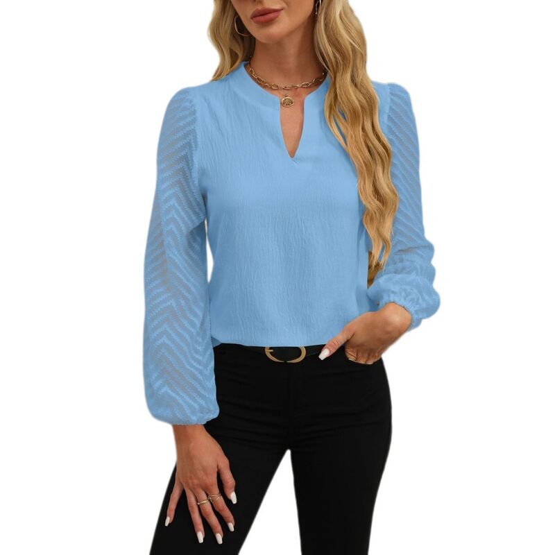 ボディサイズ レディース トップス シャツ Vネック プリーツ シアー ブラウス レース BODDYSIZE Women Business Casual Topsheer Lace Long Sleeve Blouses Work Office Pleated V Neck Shirt Light Blue ブルー|ReVida 店