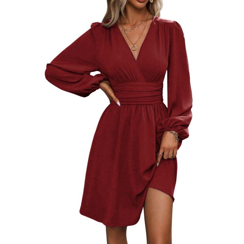 ボディサイズ レディース トップス ワンピース Vネック プリーツ ミニ 長袖 BODDYSIZE Women's Lantern Sleeve V-Neck Mini Dress Long-Sleeved Tie Waist Pleated Short Wrap Dress Claret｜ReVida 店
