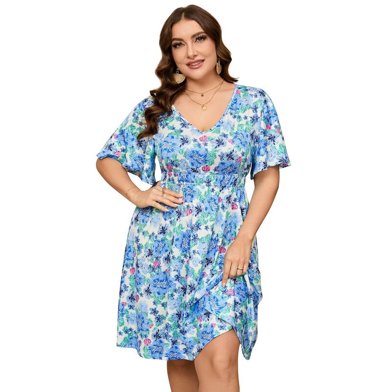セオリア レディース トップス ワンピース プラスサイズ プリント Seoria Women Plusize Short Sleeve Printed Casual Dress Blue ブルー|ReVida 店