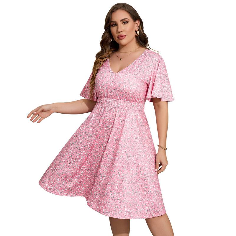 セオリア レディース トップス ワンピース プラスサイズ プリント Seoria Women Plusize Short Sleeve Printed Casual Dress Pink ピンク｜ReVida 店