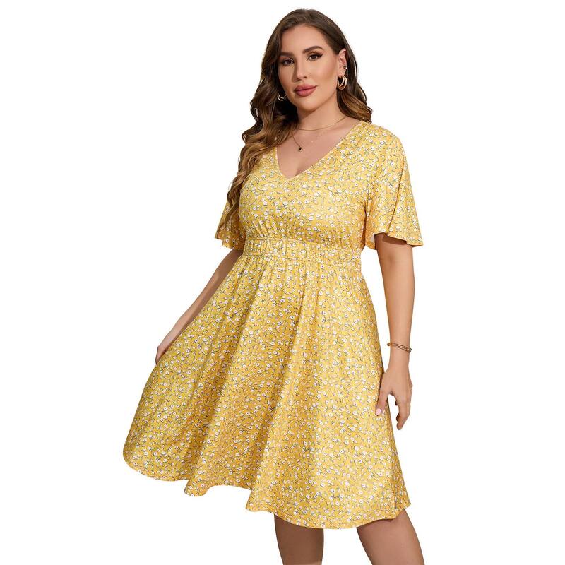 セオリア レディース トップス ワンピース プラスサイズ プリント Seoria Women Plusize Short Sleeve Printed Casual Dress Yellow イエロー|ReVida 店
