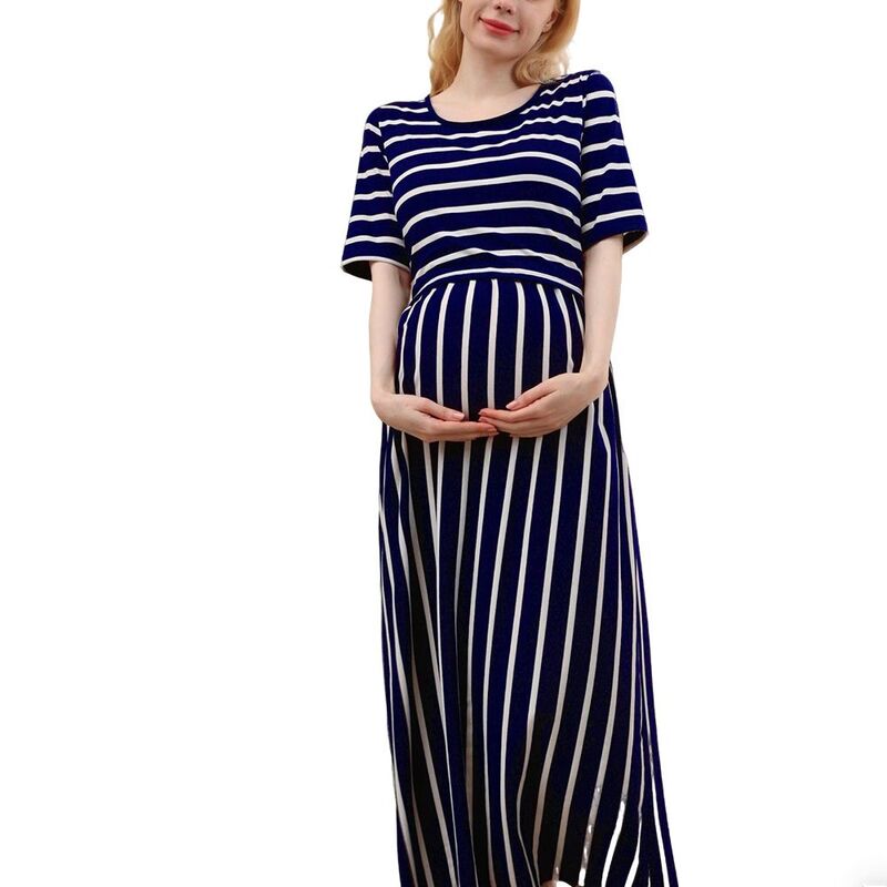 エリートスピリット レディース トップス ワンピース クルーネック マタニティ マキシ EliteSpirit Women's Casual Maternity Nursing Dresstriped Crew Neck Short Sleeve Maxi Dress Blue ブルー｜ReVida 店