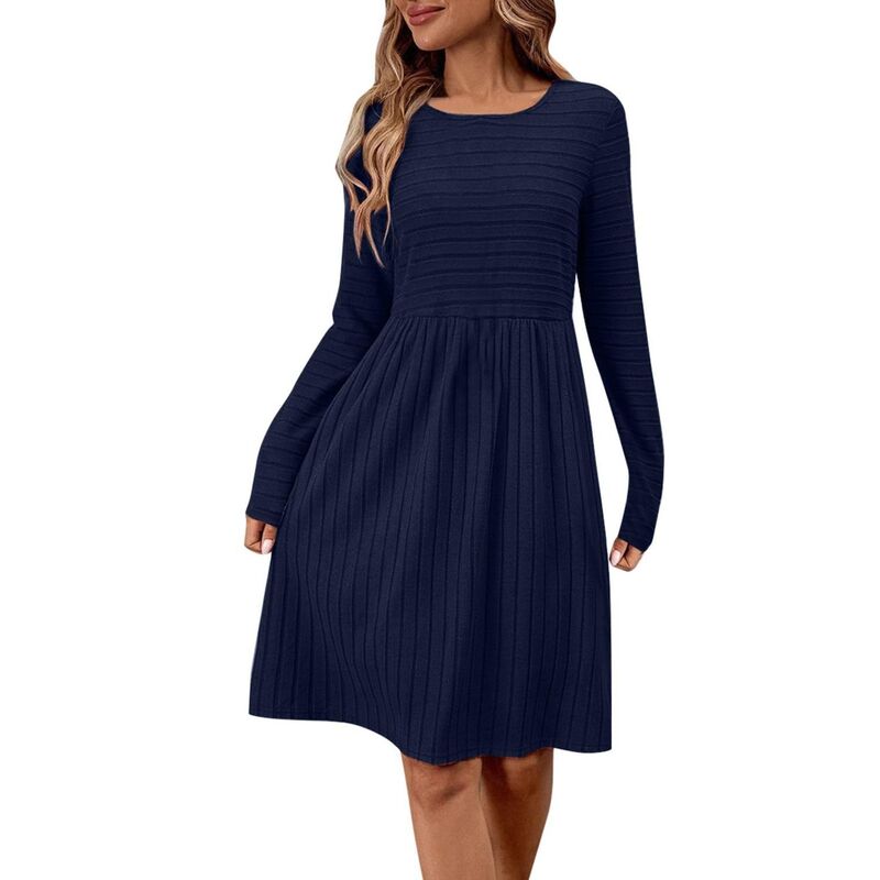 ファンジュライ レディース トップス ワンピース クルーネック A ライン ミディ セーター FUNJULY Women's Long Sleeve Sweater Dress Crew Neck A Line Midi Dresses Blue ブルー|ReVida 店