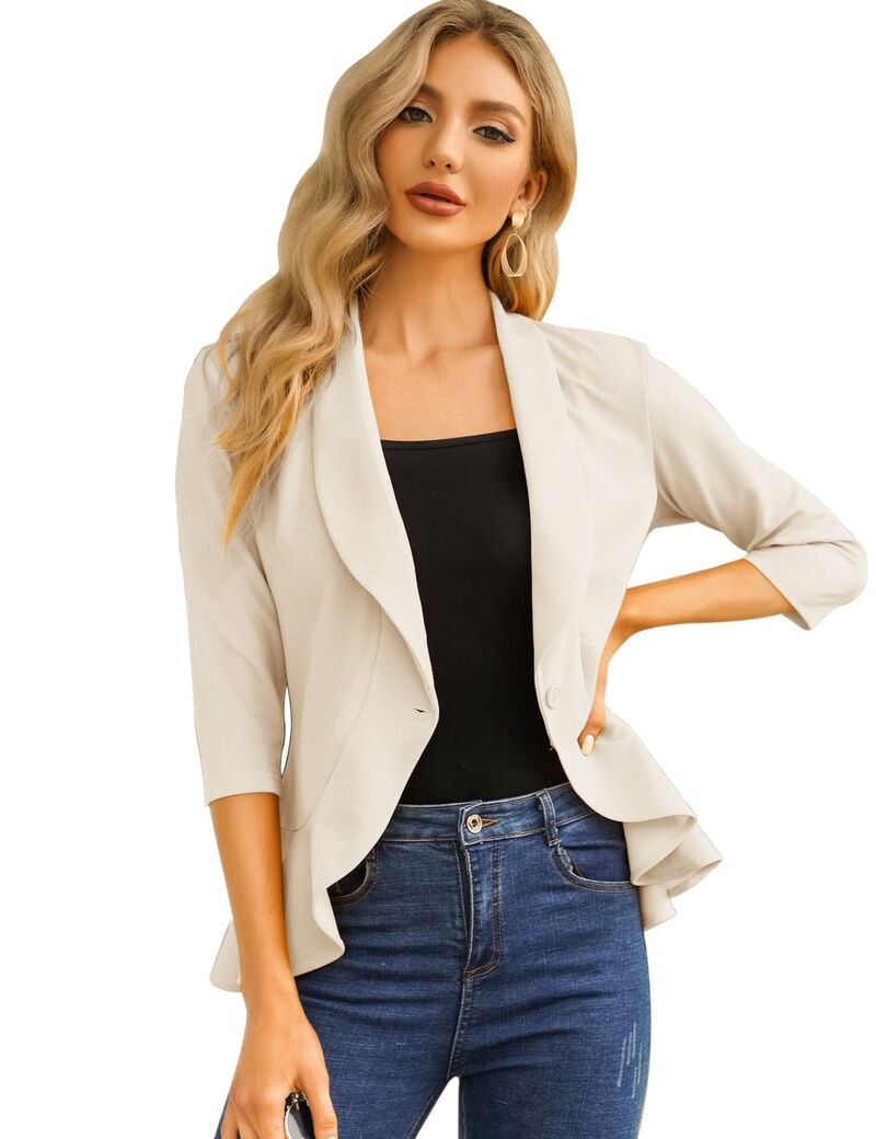 ファンジュライ レディース アウター 上衣・上衣 フラウンス スポーツジャケット FUNJULY Women\u0027s Casual Blazer 3/4 Sleeve Open Front Ruffle Work Office Suit Jacket Apricot 杏