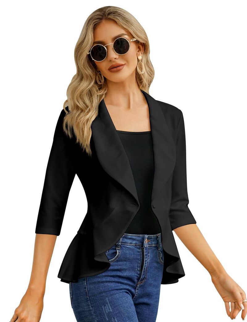 ファンジュライ レディース アウター 上衣・上衣 フラウンス スポーツジャケット FUNJULY Women\u0027s Casual Blazer 3/4 Sleeve Open Front Ruffle Work Office Suit Jacket Black 黒いこと
