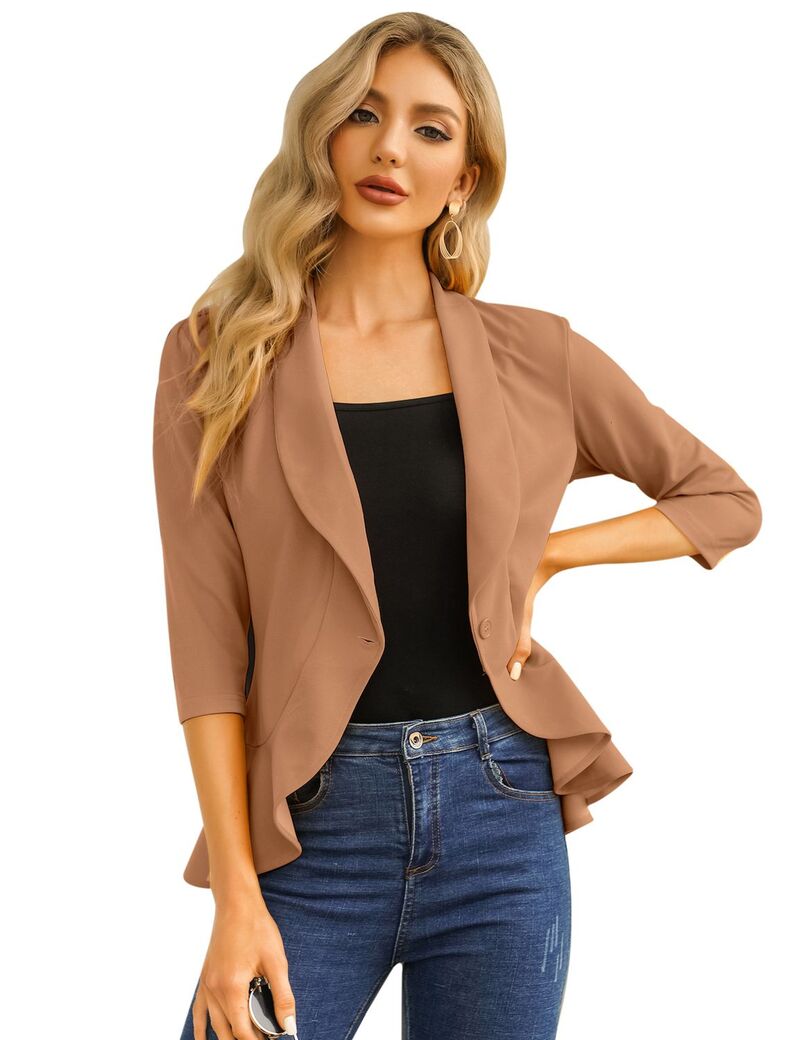 ファンジュライ レディース アウター 上衣・上衣 フラウンス スポーツジャケット FUNJULY Women\u0027s Casual Blazer 3/4 Sleeve Open Front Ruffle Work Office Suit Jacket Khaki カーキ