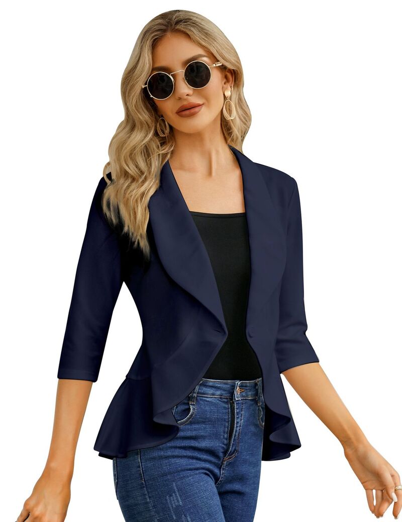 ファンジュライ レディース アウター 上衣・上衣 フラウンス スポーツジャケット FUNJULY Women\u0027s Casual Blazer 3/4 Sleeve Open Front Ruffle Work Office Suit Jacket Navy 米国海軍