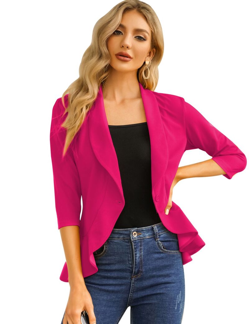ファンジュライ レディース アウター 上衣・上衣 フラウンス スポーツジャケット FUNJULY Women\u0027s Casual Blazer 3/4 Sleeve Open Front Ruffle Work Office Suit Jacket Rosy
