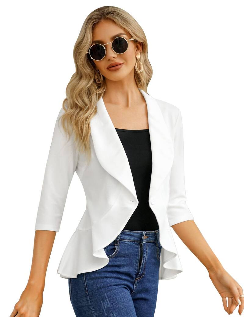 ファンジュライ レディース アウター 上衣・上衣 フラウンス スポーツジャケット FUNJULY Women\u0027s Casual Blazer 3/4 Sleeve Open Front Ruffle Work Office Suit Jacket White 白いこと