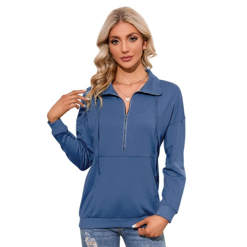 イエスファッション レディース トップス Tシャツ スウェット Yesfashion Women's Casualong Sleeve Lapel Zipper Sweatshirt Drawstring Loose Pullover Tops Blue ブルー|ReVida 店